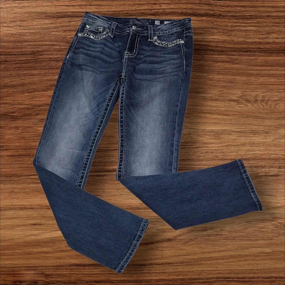 Miss Me Easy Straight Embellished Mid-Rise Blue Jeans Women Size 28 - Picture 3 of 16